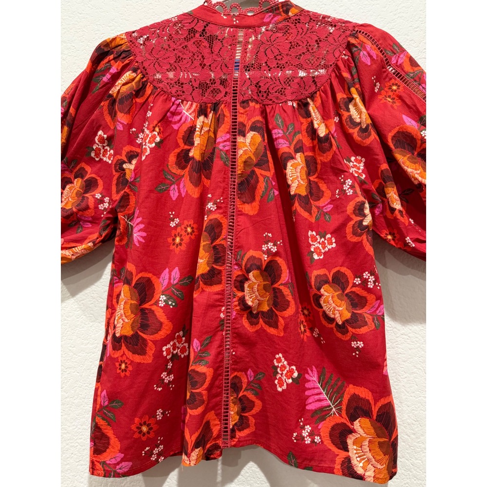 Farm Rio Floral Lace Blouse Red XS Puff Sleeve Button up Boho Lightweight Cotton - Picture 7 of 11